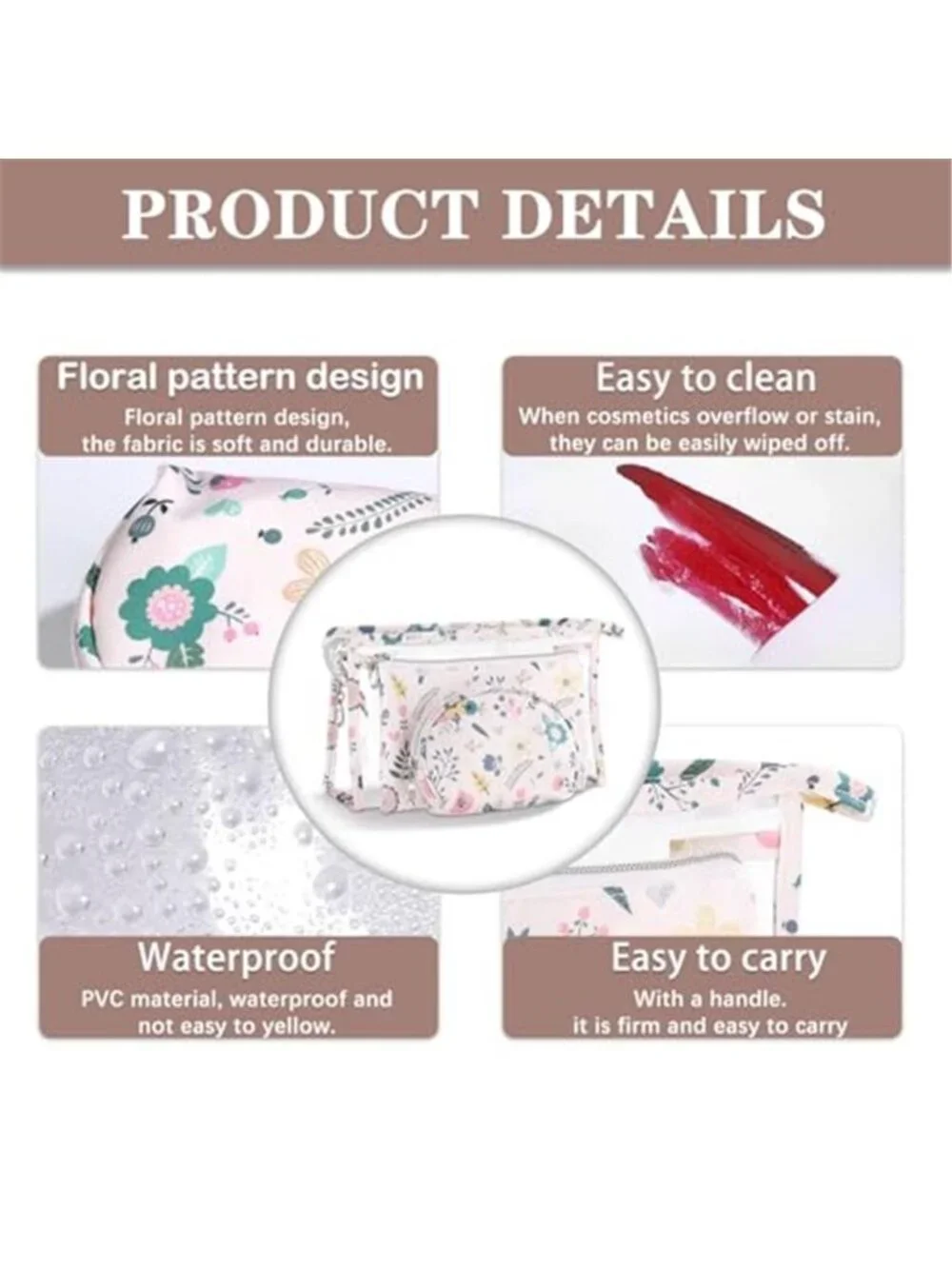 Makeup Bag, Clear Bag with Zipper 3PC Floral Flowers Makeup Pouch